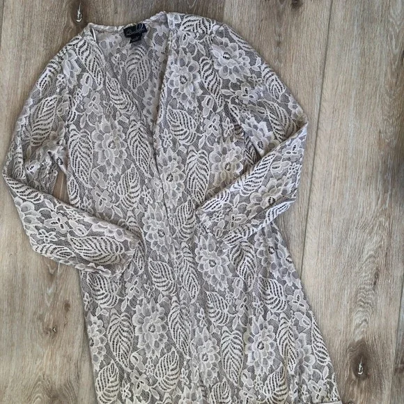 Questions Tan Long Line Feminine‎ Romantic Boho Fringe Lace Cardigan/Jacket ~ L - Picture 3 of 16